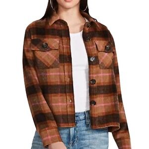 BB Dakota Steve Madden Plaid Shacket Jacket Women Size L Brown Pink Button Front